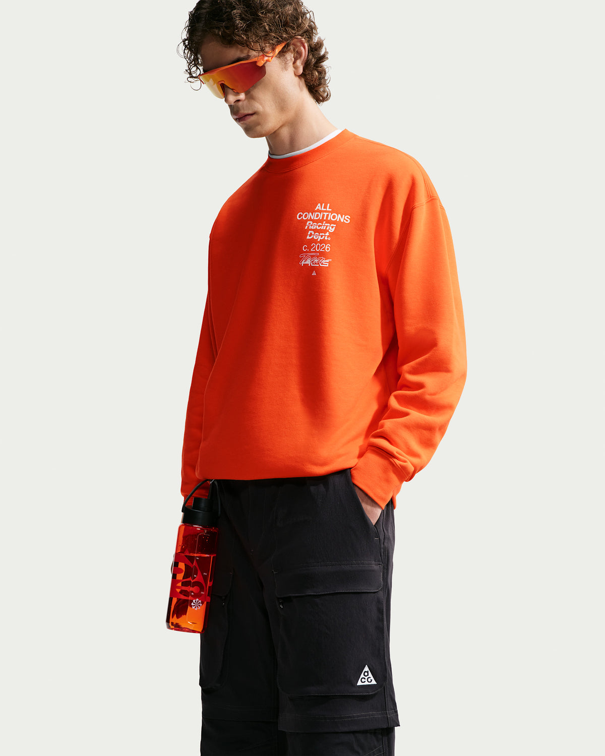 ACG Tuff Fleece Men's Dri FIT Crew Neck Sweatshirt in Safety Orange/White