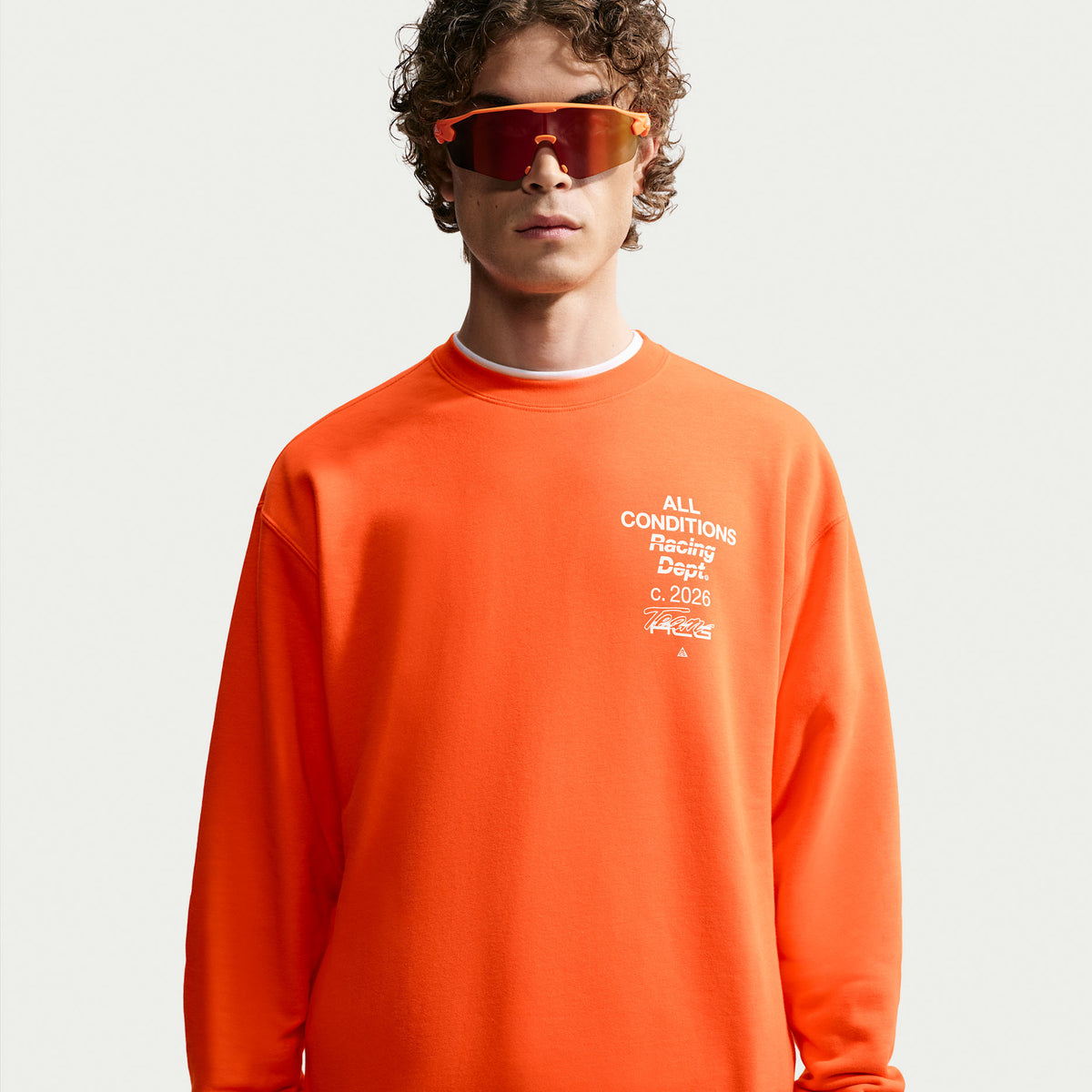 ACG Tuff Fleece Men's Dri FIT Crew Neck Sweatshirt in Safety Orange/White