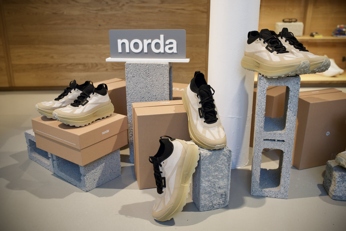 norda 055 running shoes on concrete blocks and norda boxes at Run Store Zurich