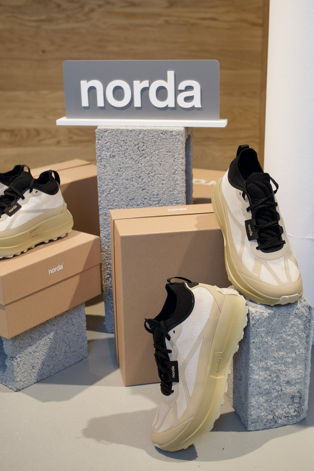 norda 055 running shoes on concrete blocks and norda boxes at Run Store Zurich